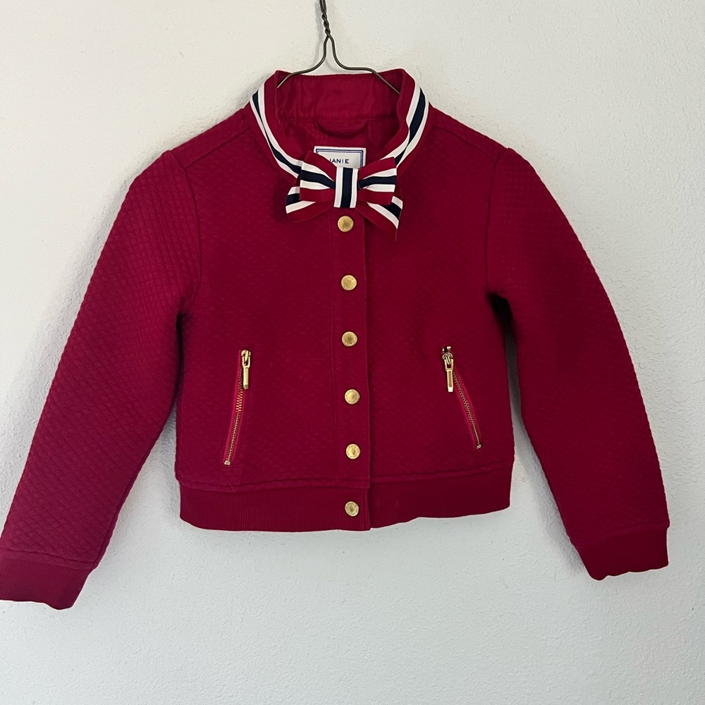Janie and Jack Red Quilted Jacket with Striped Collar